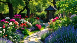 Lush cottage garden overflowing with colorful perennials, roses, and flowering shrubs in full bloom, dappled sunlight filtering through mature trees, winding stone pathway bordered by lavender and catmint, rustic wooden fence in background, photorealistic midday lighting