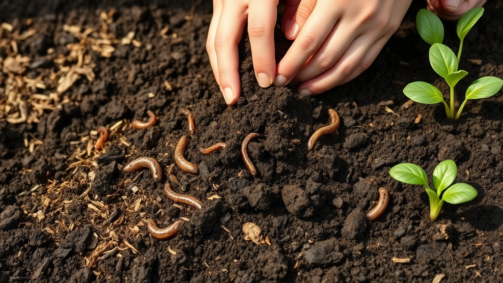Close-up of rich dark garden soil being amended with compost, gardener's hands working organic matter into earth, earthworms visible in soil, mulch layer on surface, vibrant green seedlings emerging nearby, natural daylight, photorealistic soil texture detail