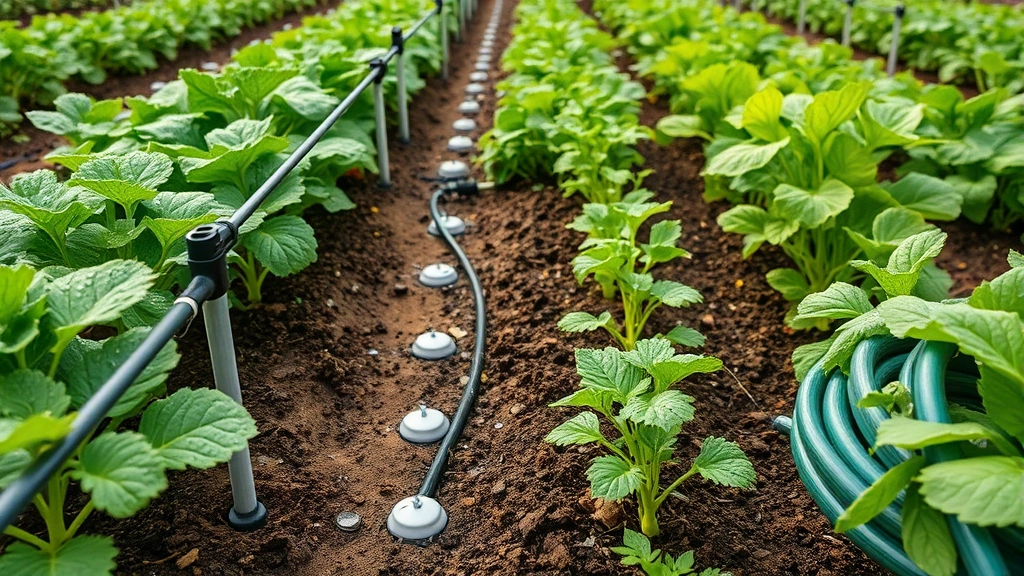 Professional drip irrigation system installed in vegetable garden beds, water droplets visible on soil near plant bases, organized rows of thriving vegetables at different growth stages, morning dew on leaves, garden hose coiled neatly to the side, photorealistic water droplets and plant vitality