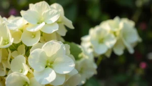 Close-up of white hydrangea blooms with soft green foliage in morning light, dewdrops visible on petals, garden background blurred