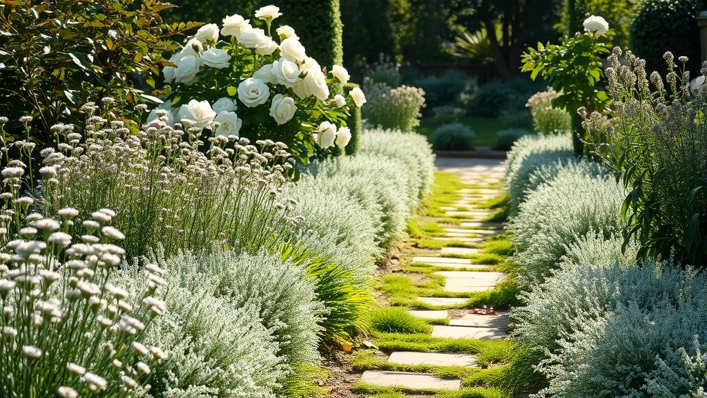Garden pathway bordered by silver dusty miller and lamb's ear plants with white roses blooming in background, afternoon sunlight creating luminous effect