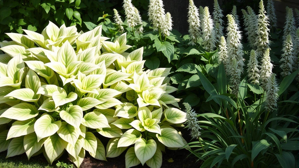 Shaded pale garden corner featuring variegated hostas with cream-colored leaves, white hellebores blooming, and delicate astilbe plumes in soft filtered light