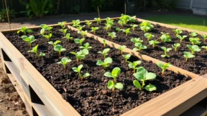 Rustic wooden pallet raised garden bed filled with rich dark soil and green vegetable seedlings, morning sunlight casting shadows across rows of young plants in a backyard setting