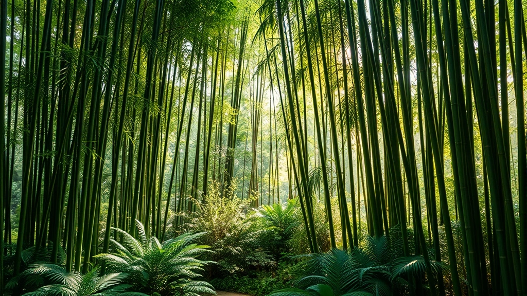 Lush bamboo grove with layered understory plants including hostas and ferns creating serene Japanese-inspired garden setting with dappled sunlight filtering through tall bamboo stems