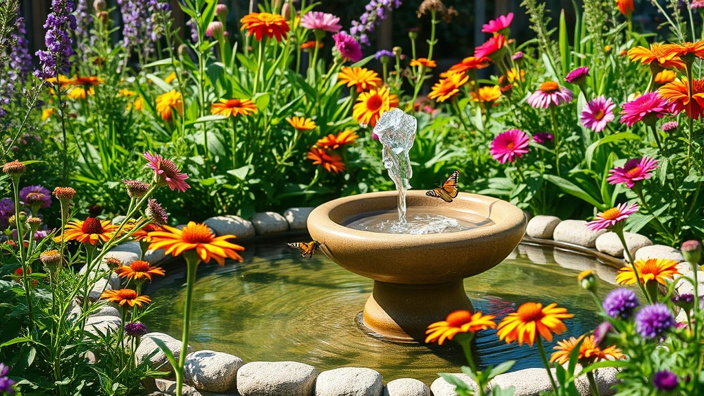 Garden water feature surrounded by native flowering plants and pollinator-friendly blooms with butterflies and bees visiting colorful flowers in full sun afternoon light