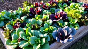 Lush raised garden bed overflowing with vibrant lettuce, spinach, and kale varieties in morning sunlight, showing deep green leaves and soil texture