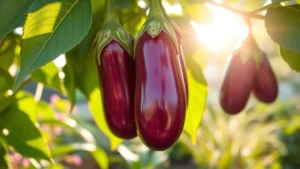 Close-up of vibrant purple eggplant fruits hanging on healthy green plant with glossy leaves, morning sunlight illuminating the garden