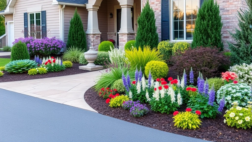 Front yard parkway with layered plantings of flowering shrubs, perennials, and evergreens creating colorful curb appeal next to residential home entrance