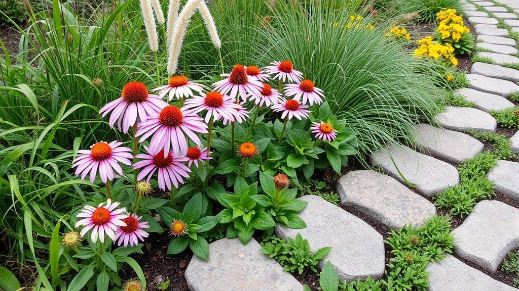 Close-up of mixed parkway garden bed featuring blooming coneflowers, ornamental grasses, and green foliage with natural stone pathway edging
