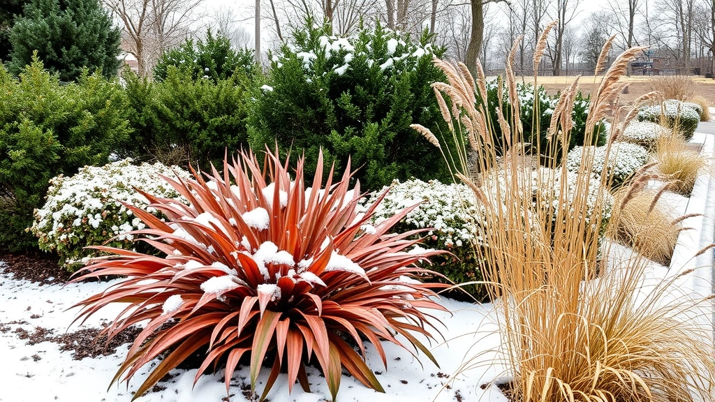 Seasonal winter parkway garden display showing evergreen shrubs, colorful bark dogwood stems, and dried ornamental grass seed heads with snow