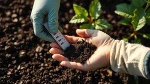 A gardener wearing gloves testing dark garden soil with a soil testing kit, holding a sample in their palm with morning sunlight filtering through leaves