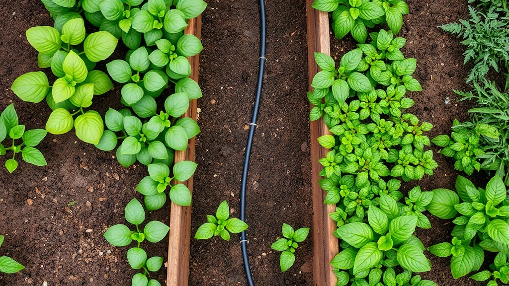 Overhead view of raised garden beds with drip irrigation tubing snaking between rows of healthy vegetable plants and green herbs in various stages of growth