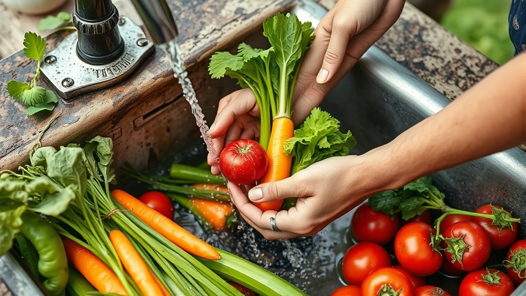 Close-up of a gardener's hands rinsing fresh-harvested vegetables under clean running water in a rustic garden sink with vegetables piled nearby