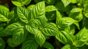 Close-up of fresh basil leaves glistening with morning dew, vibrant green foliage with visible leaf texture and veins, sunlight filtering through the herb plant