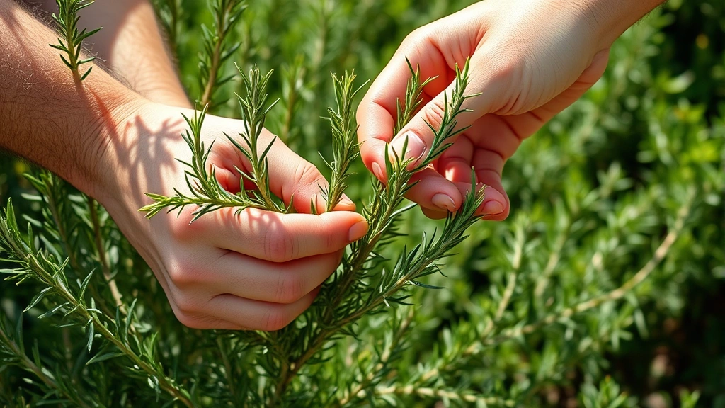 Hands harvesting fresh rosemary sprigs from a mature plant, fingers pinching tender new growth, Mediterranean herb garden background with natural sunlight