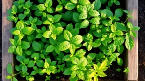 Overhead view of vibrant Thai basil, cilantro, and mint plants growing together in a raised garden bed, morning sunlight illuminating green foliage, soil visible between plants, lush and healthy growth