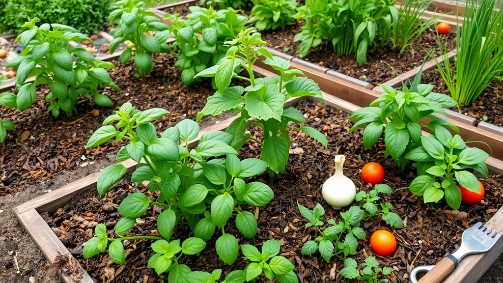 Wide garden scene showing mixed pho garden with basil, cilantro, mint, onions, and tomato plants growing in organized raised beds with mulch, morning dew visible on leaves, garden tools nearby