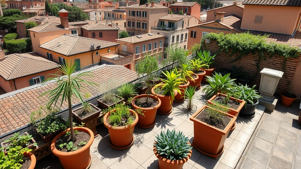 Aerial view of a Mediterranean rooftop garden with terracotta containers, aromatic herbs, and lush green plants overlooking historic Rome architecture, sunny day with clear sky