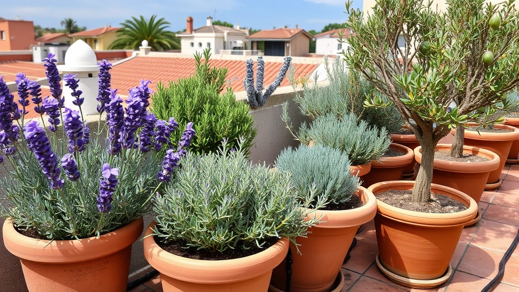 Close-up of thriving Mediterranean plants in clay pots including lavender, rosemary, and olive trees on an elevated rooftop terrace with drip irrigation visible
