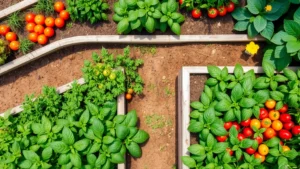 Overhead view of a thriving vegetable garden with raised beds containing tomatoes, peppers, and leafy greens, sunlight filtering through, natural garden setting with no text or signs visible