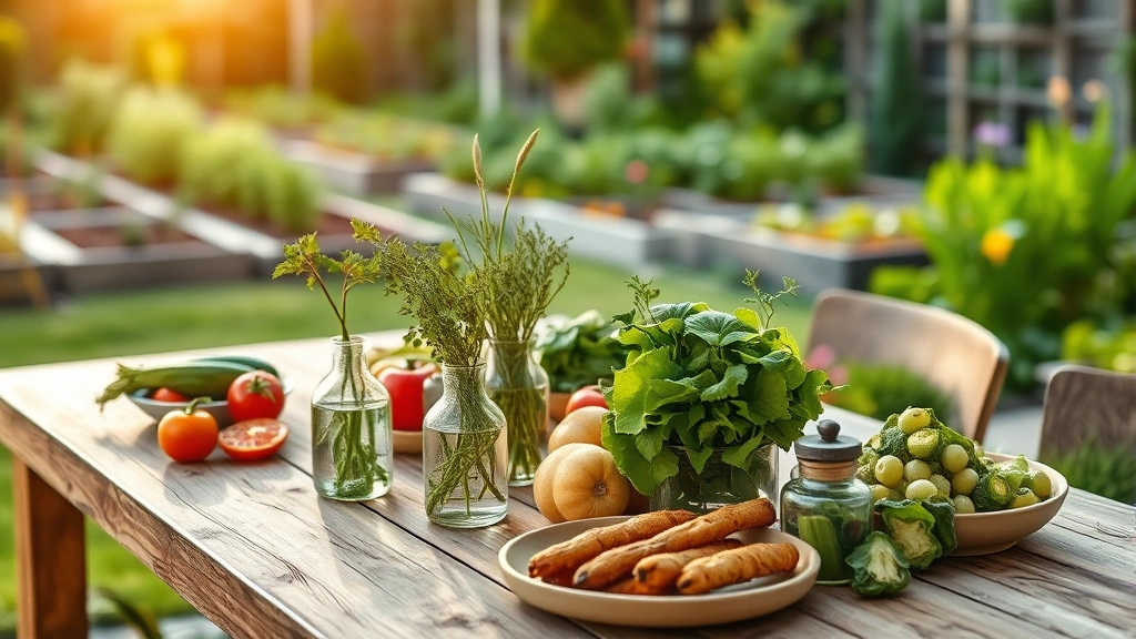Rustic outdoor dining table laden with fresh vegetables, herbs in glass vases, and grilled items, garden beds visible in soft-focus background, warm afternoon light, garden ambiance
