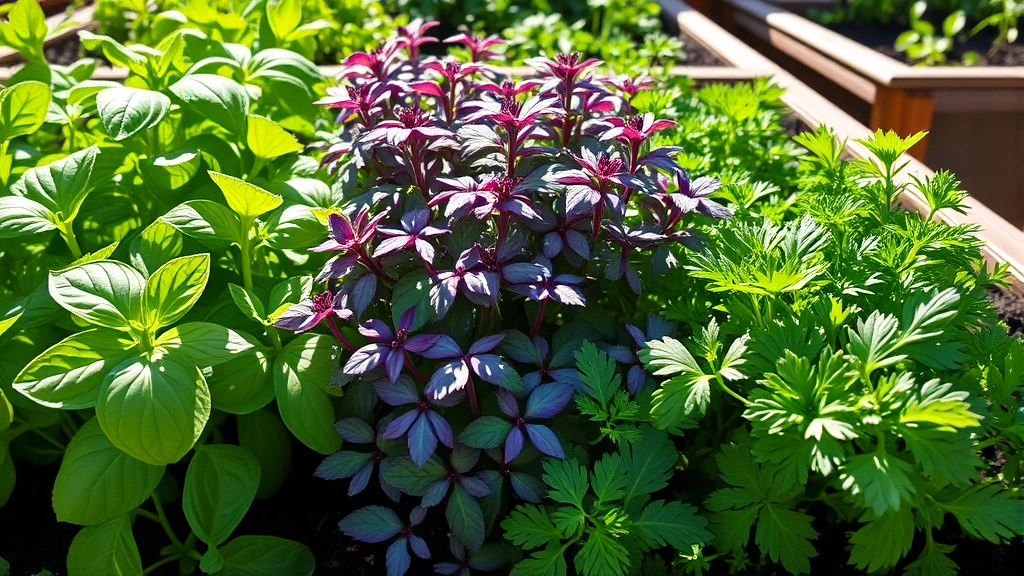 Close-up of vibrant herb varieties including basil, oregano, and parsley growing in raised beds with visible foliage textures, dappled sunlight, no plant tags or labels visible