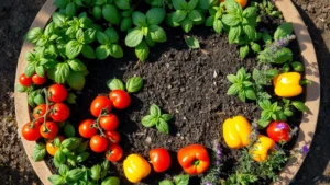 Overhead view of a circular pizza garden bed with distinct wedge sections containing vibrant green basil plants, red ripe tomatoes on vines, yellow and red bell peppers, and purple oregano flowers, rich dark soil visible between plants, morning sunlight casting shadows