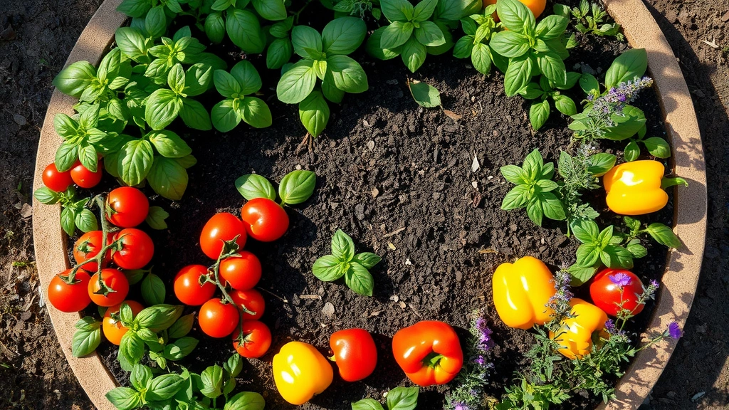 Overhead view of a circular pizza garden bed with distinct wedge sections containing vibrant green basil plants, red ripe tomatoes on vines, yellow and red bell peppers, and purple oregano flowers, rich dark soil visible between plants, morning sunlight casting shadows