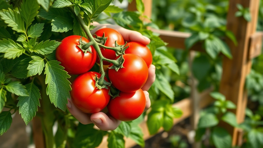 Close-up of hands harvesting ripe red tomatoes from a healthy tomato plant with thick green foliage, fresh basil leaves visible in background, wooden garden trellis support structure, natural garden lighting showing plant details