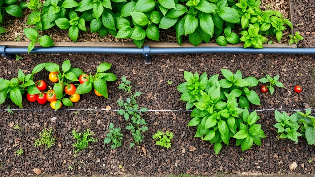 Garden bed section showing layered mulch around pepper plants and herbs, drip irrigation line delivering water, healthy green foliage above, rich composted soil visible, various pizza garden herbs thriving together in organized rows