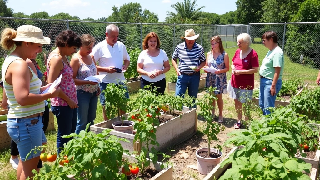 Group of diverse gardeners gathered around raised garden beds during a sunny afternoon club meeting, examining tomato plants and sharing notes, smiling and engaged in conversation