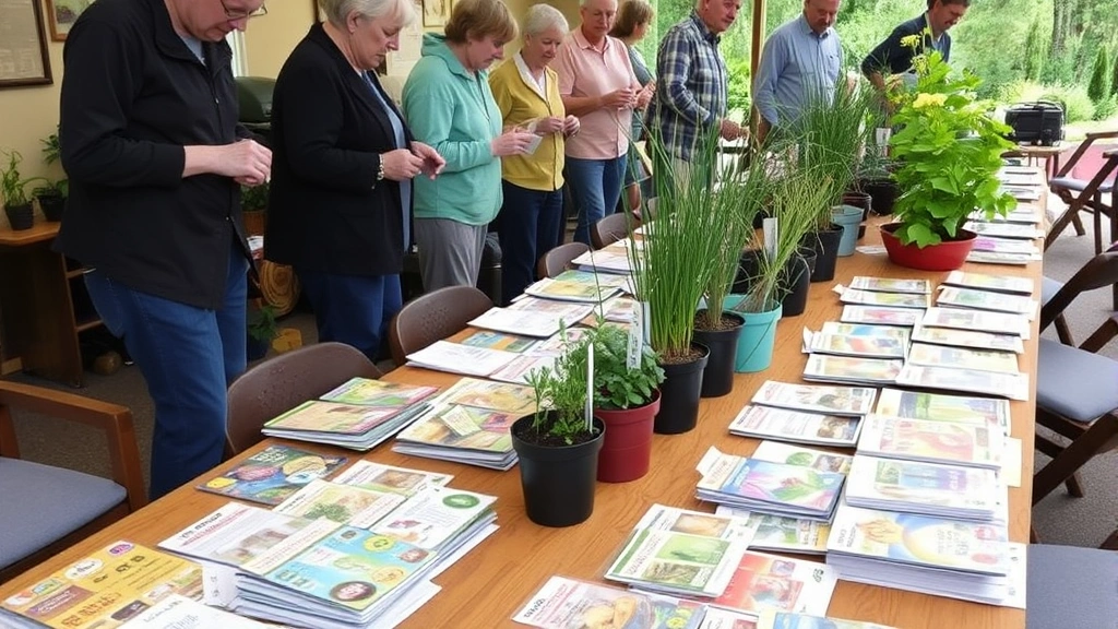 Colorful seed packets and plant cuttings displayed on a wooden table during a club plant swap event, with gardeners in the background examining selections and exchanging plants