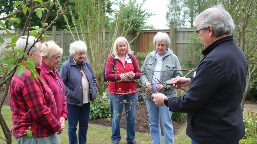 Members of a pleasure garden club standing together in a demonstration garden, learning pruning techniques from an instructor showing proper cuts on flowering shrub branches