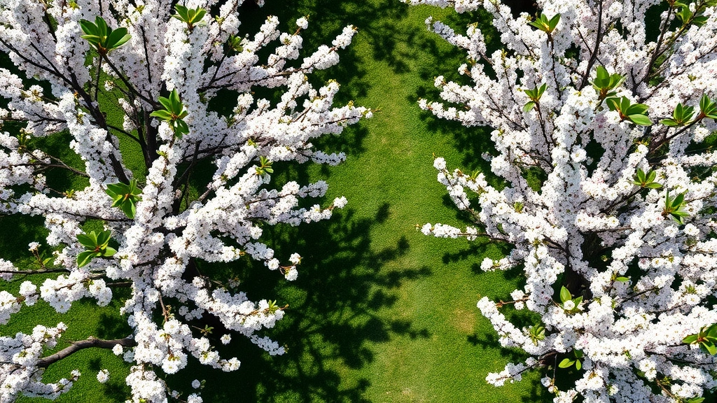 Overhead view of a well-established plum garden with mature trees in full bloom, white and pink blossoms covering branches, green grass between trees, clear sunny day, photorealistic