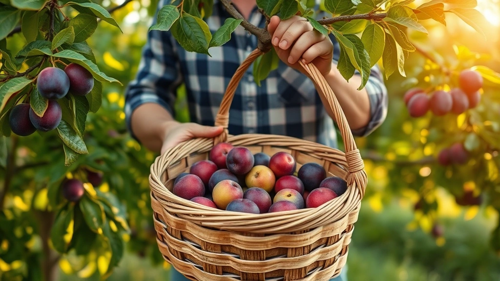 Gardener harvesting plums into a wooden basket, multiple ripe plums visible on branches, lush green canopy background, golden afternoon sunlight, practical garden scene