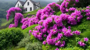 Lush Welsh hillside garden with cascading rhododendron flowers in vibrant pink and purple tones, surrounding mature green foliage, misty atmospheric background