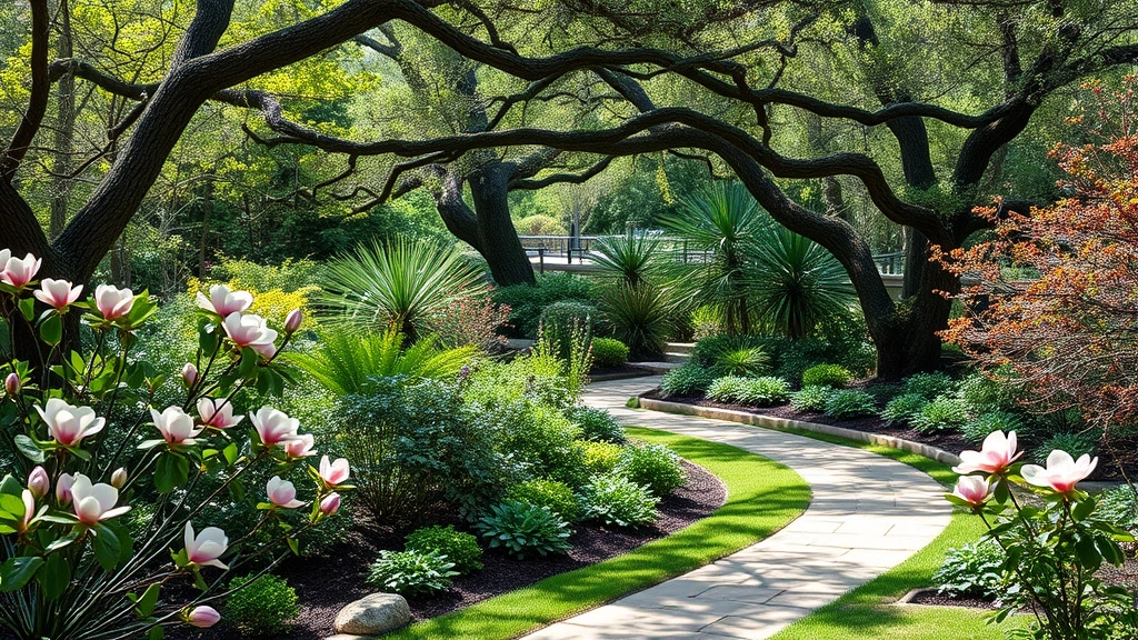 Winding garden pathway bordered by diverse woody plants including camellias and magnolias, stone edging details, natural sunlight filtering through canopy