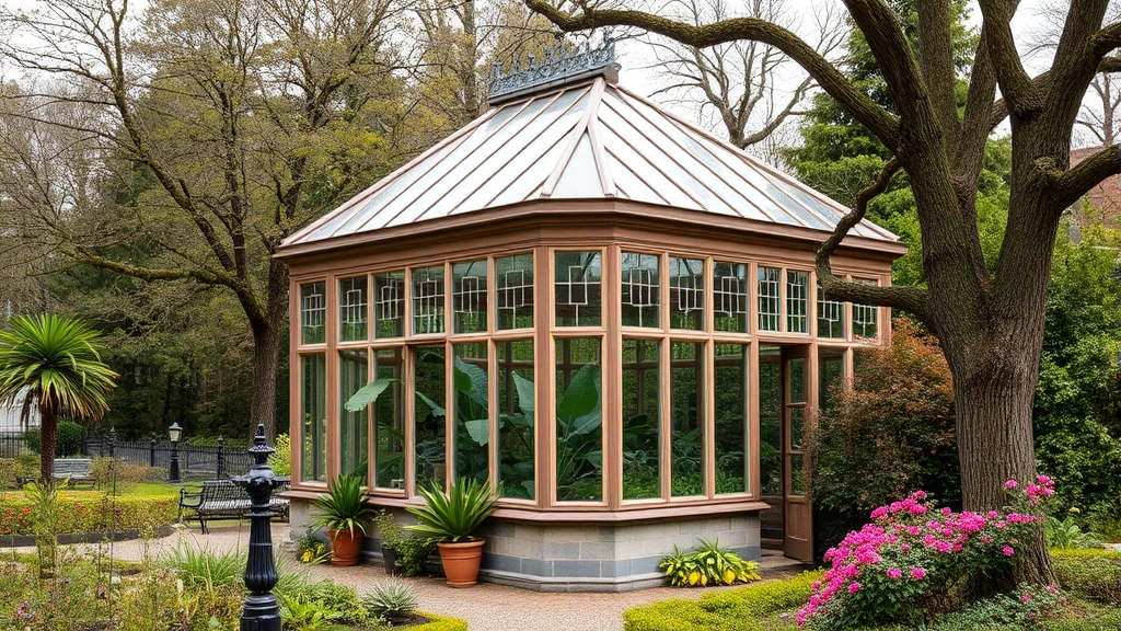 Historic Victorian glasshouse structure integrated within garden landscape, tender tropical plants visible through glass panels, surrounding mature specimen trees and flowering shrubs
