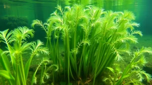 Submerged aquatic Poseidon plants with delicate feathery leaves underwater in clear freshwater pond environment, natural sunlight filtering through water, showing healthy green vegetation and root systems anchored in aquatic substrate