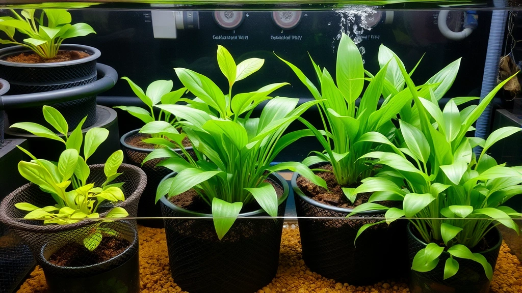 Water garden setup with multiple potted aquatic plants at varying depths, mesh containers with clay substrate visible, water circulation and aeration system in background, lush green Poseidon plants thriving in shallow and deep zones