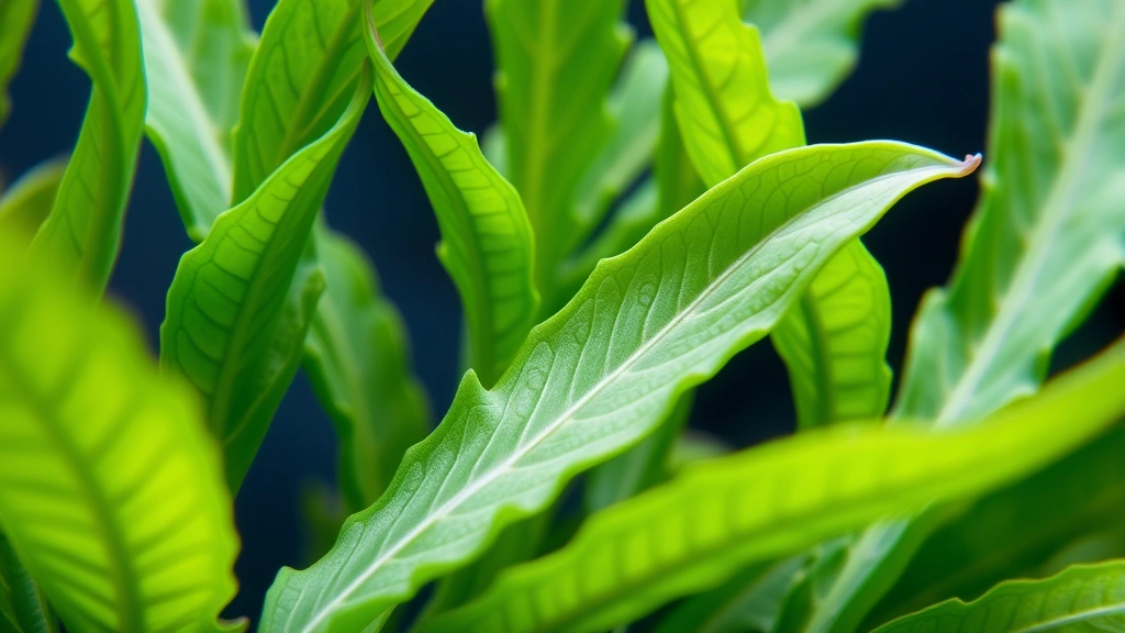 Close-up of Poseidon plant foliage showing detailed leaf structure and growth patterns, clear water environment with excellent visibility, healthy vibrant green coloring demonstrating optimal growing conditions and plant vigor