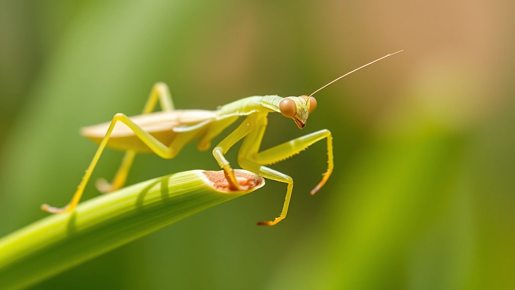 Praying mantis in hunting position on green garden plant stem, detailed close-up showing raptorial front legs and compound eyes, natural sunlight, photorealistic macro photography