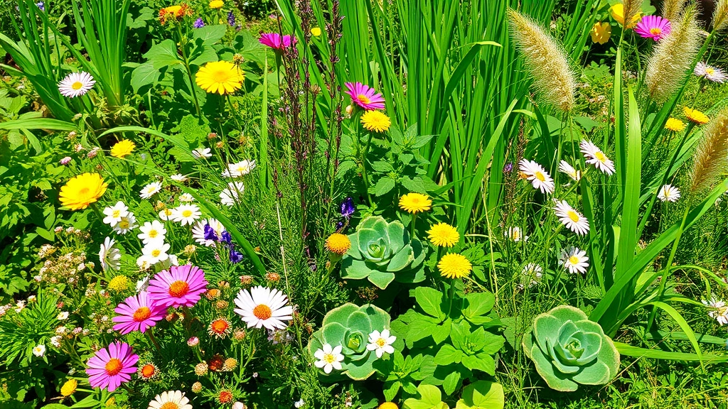Dense garden bed with mixed flowering plants, herbs, and tall grasses creating layered habitat structure, mantis visible on vegetation, vibrant green foliage with colorful flowers, sunny garden scene