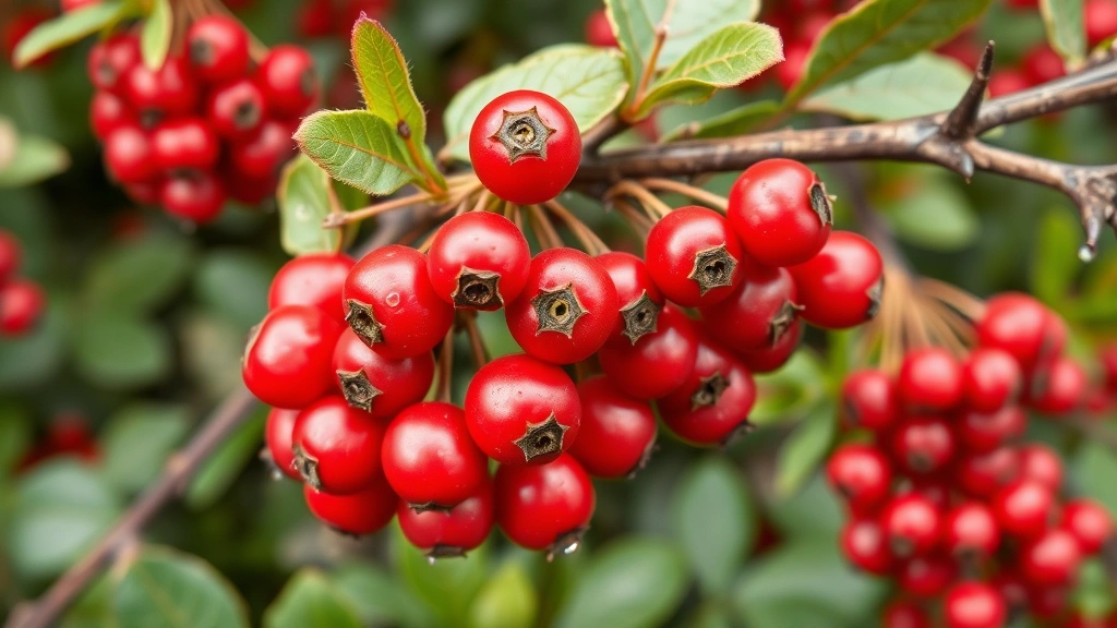 Close-up of vibrant red hawthorn berries clustered on thorny branches with green foliage, dewdrops visible on spines, natural garden setting