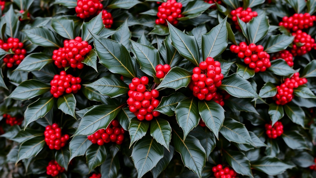 Mature holly plant with dark glossy leaves and bright red berry clusters, thorny branches prominent, winter garden backdrop showing architectural form