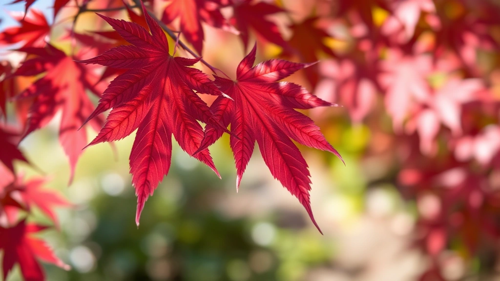 Close-up of delicate Japanese maple leaves showing deep red autumn coloring with soft blurred background of garden foliage, natural sunlight filtering through
