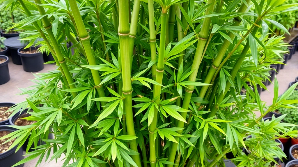 Lush clumping bamboo shoots growing densely in container with fresh green foliage, water droplets visible on leaves, professional nursery setting with organized pots