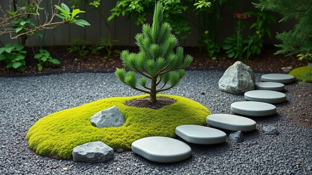 Peaceful zen garden scene featuring dwarf conifer specimen tree, moss ground cover, decorative rocks, and stepping stones creating minimalist landscape composition