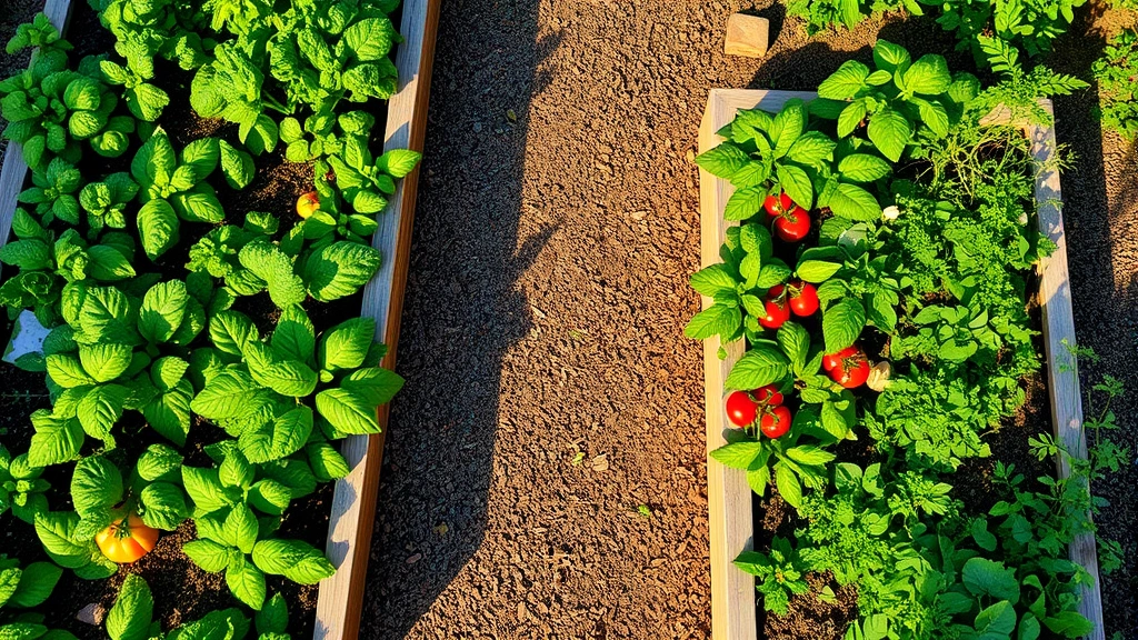 Overhead view of a vibrant vegetable garden with raised beds filled with leafy greens, tomato plants with red fruit, and herbs, morning sunlight casting gentle shadows across the mulched pathways