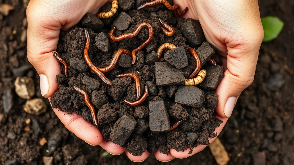 Close-up of rich, dark garden soil with visible organic matter, earthworms, and beneficial organisms, hands holding crumbly compost showing excellent soil structure and health